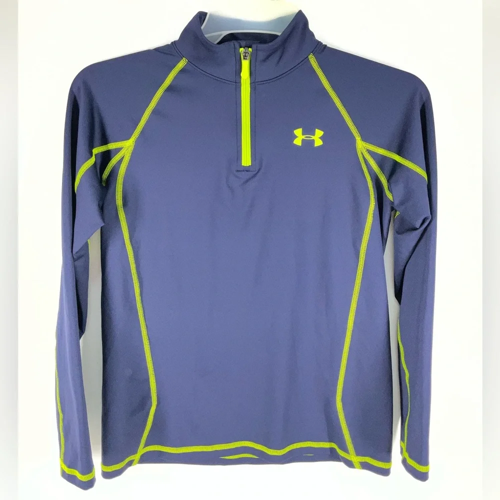 Under Armour Youth Navy Blue Neon Green 1/4 Zip Cold Gear Pullover | Youth Large